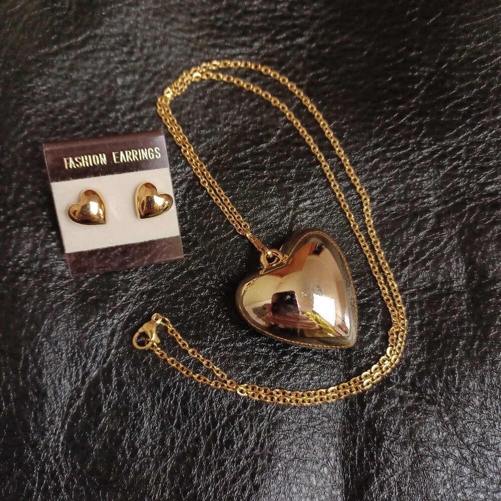 Deadstock Vintage Puffy Heart Pendant + Stud Earrings Set